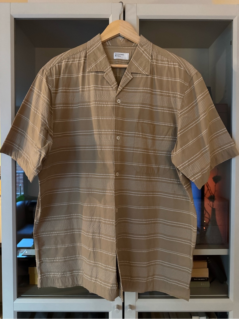 Universal Works Varied Knit Stripe Cotton S-Sleeve Shirt in Tan, Size XL